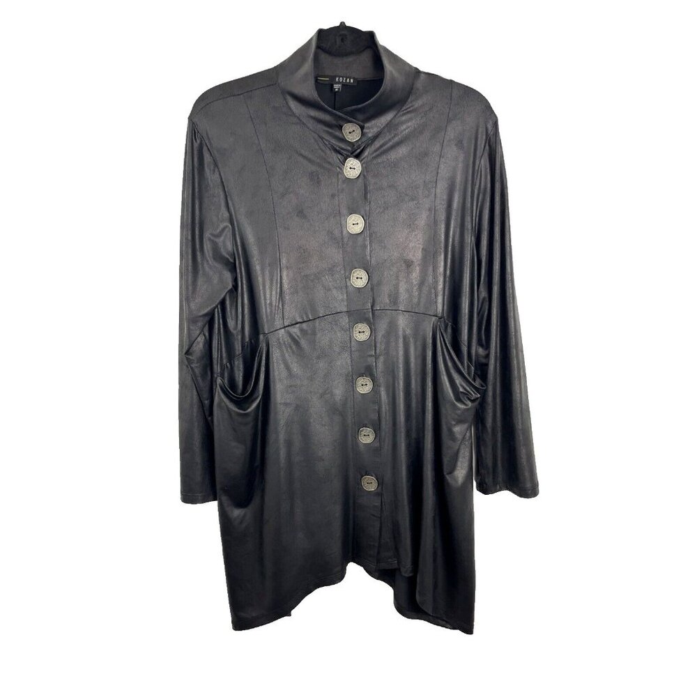 Kozan Slinky Faux Leather Mini Dress/Oversized Top w/ Metal Button Womens Size M